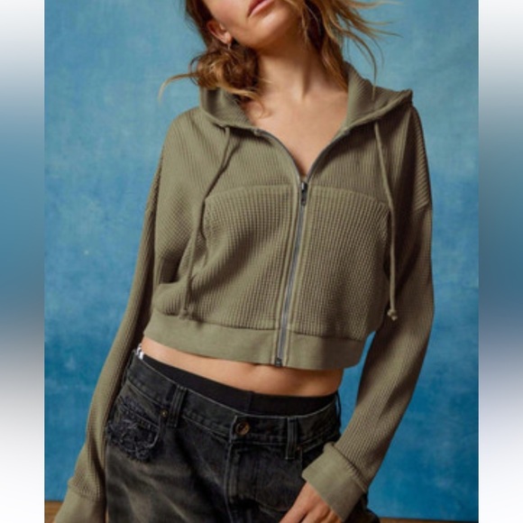NWT BDG Urban Outfitters Leah Waffle Knit Zip Up Hoodie Sweatshirt - Picture 2 of 8